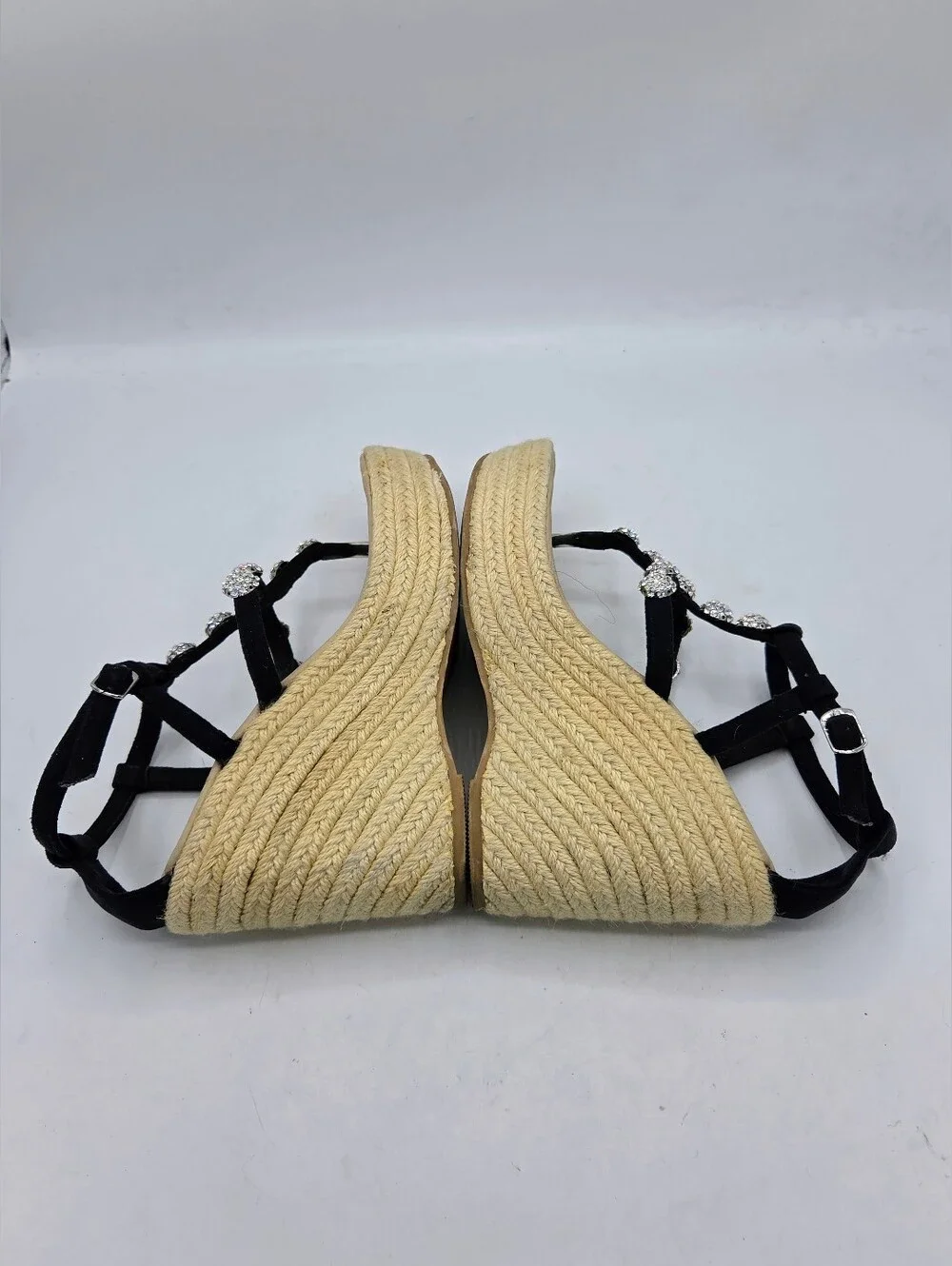 Skemo Rhinestone Espadrille Wedge Sandals Black Suede Strappy Size 7